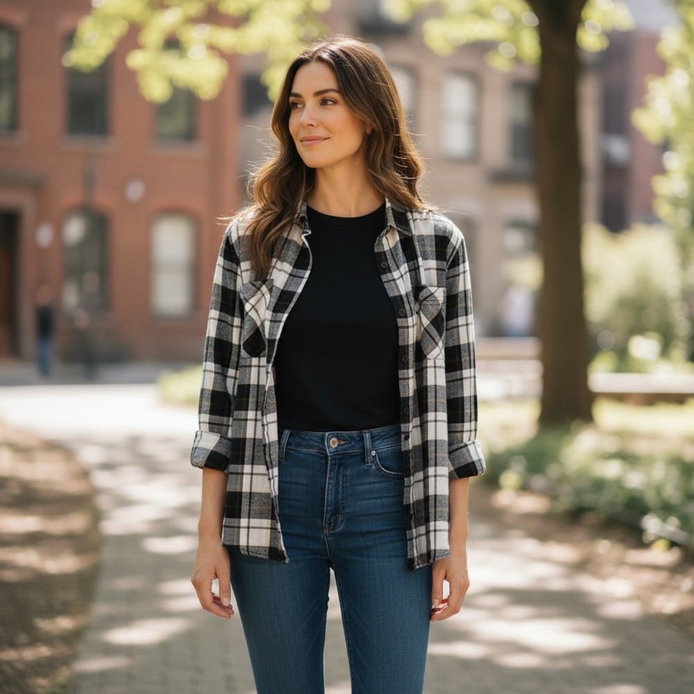 French Connection // Black and White Plaid // Button Up Shirt
